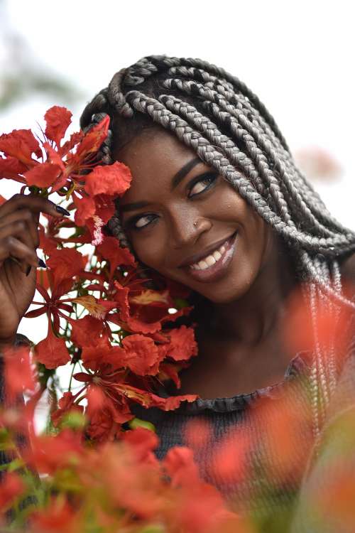 people, beauty, pretty girl, nice, style, pose, posture, elegant, makeup, aesthetic, smile, fashion, facial expression, red flowers, braids, hairstyle, haircut, girl, look, woman, model, mannequin