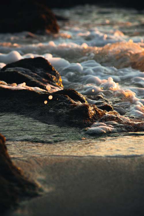 Sunsetting On Foamy Rocks Photo