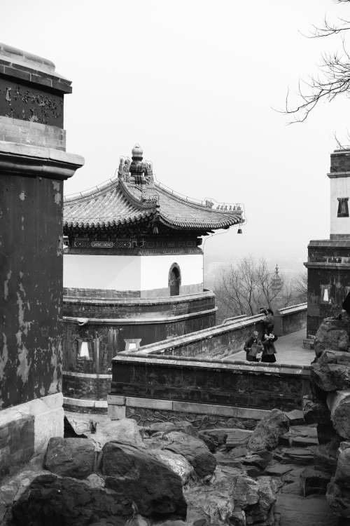 Ancient Chinese Temples In Black And White Photo
