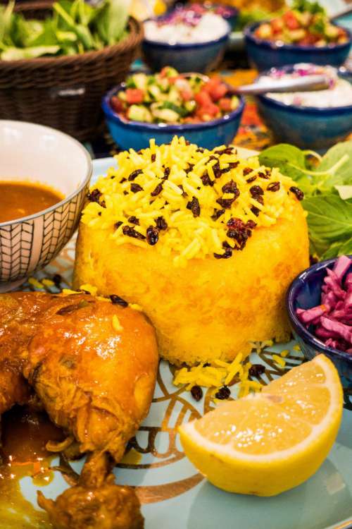 Traditional Iranian saffron rice with raisins