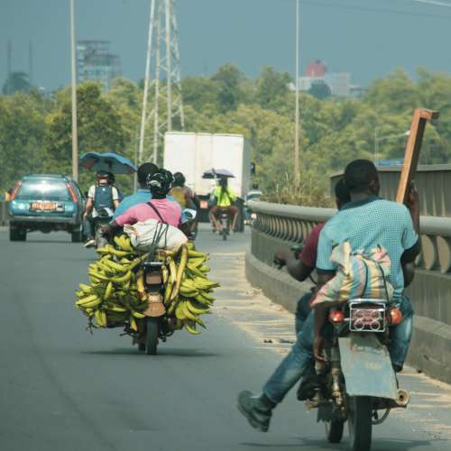 biking, motorbike, fruits, banana, traffic, road, transportation, delivery