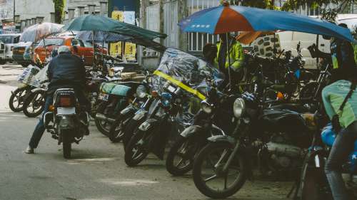 bikers, motorbikes, people, transportation, traffic, street, parking