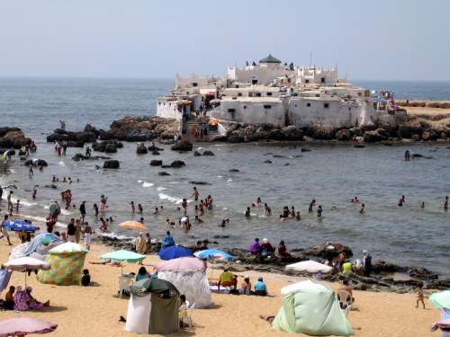 people, landscape, island, sea, beach, crowd, swimming, tents