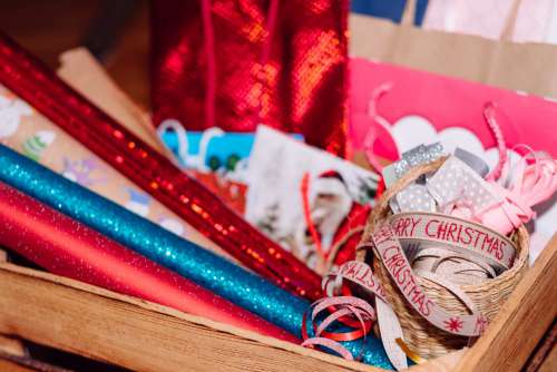 Christmas bags, wrapping paper and ribbons
