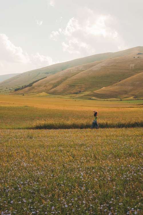 Person Reaches Upward In Open Grassy Field Photo