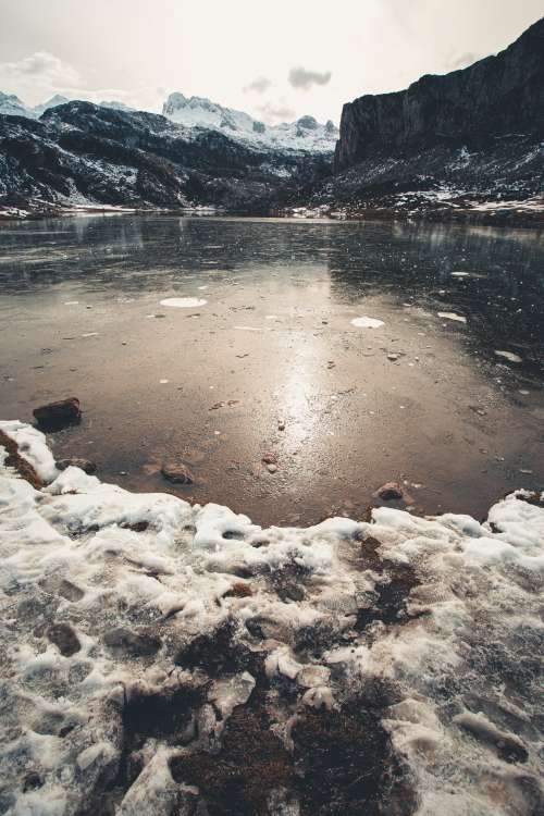 Icy Lake And Snowy Mountain Tops Photo