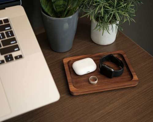 A Laptop With Potted Plants And Wooden Tray Photo