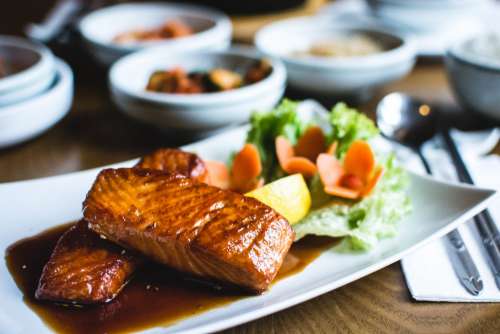 Fried salmon with sweet soy sauce in a Korean restaurant
