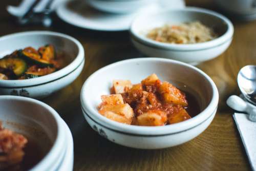 Korean bowl of fermented vegetables in a restaurant