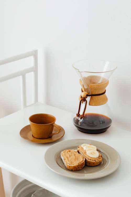 Coffee brewed in a Chemex and peanut butter sandwiches for breakfast