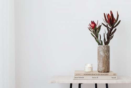 Beige aesthetics still life on travertine table