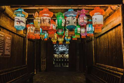 Colorful Lanterns Hang From The Ceiling Photo