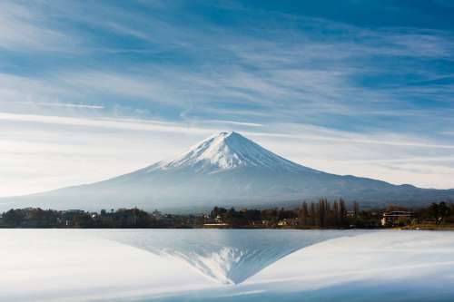 Large Snow Capped Mountain Reflected In Still Lake Photo