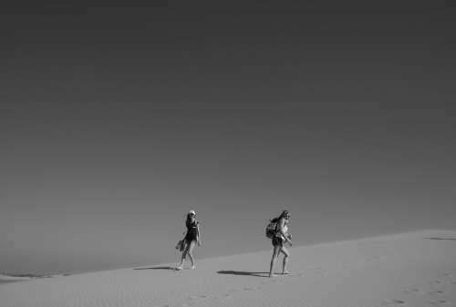People Walking In The Desert In Black And White Photo