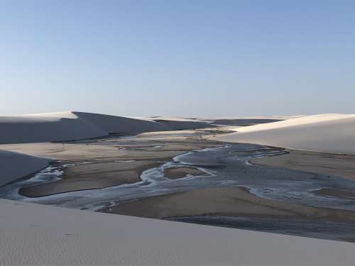 Tanned Sand Dunes Surrounded An Open Reservoir Photo