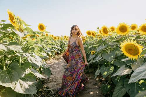 Woman In A Floral Dress Stands In A Sunflower Field Photo