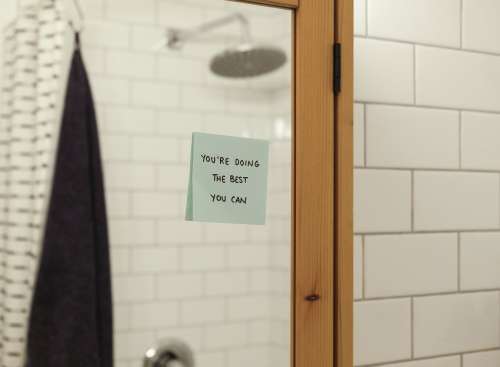 Blue Note On A Bathroom Mirror Reads A Positive Message Photo