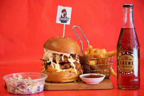 Korean style fried chicken burger with french fries
