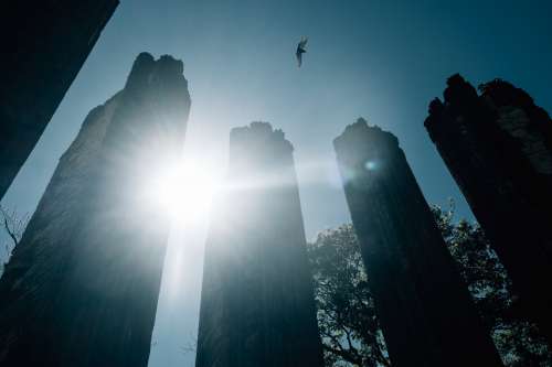 Sunbeams Shine Between Tall Silhouetted Towers Photo