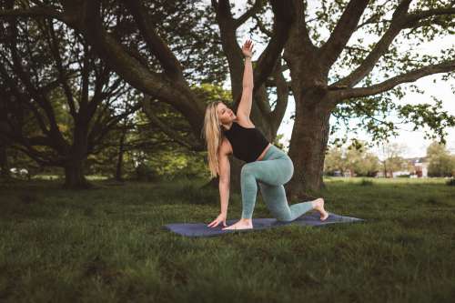 Woman Practices Yoga Under A Large Tree Photo