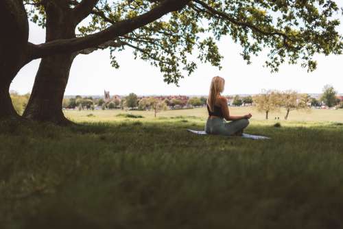 Woman Sits Under Large Tree On A Yoga Mat Photo