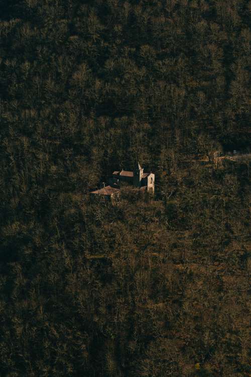 Aerial Photo Of A Building Sitting Within A Dense Forest Photo