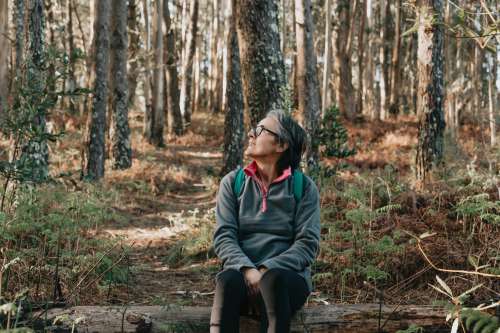 Woman Sits In A Forest And Looks Up Smiling Photo