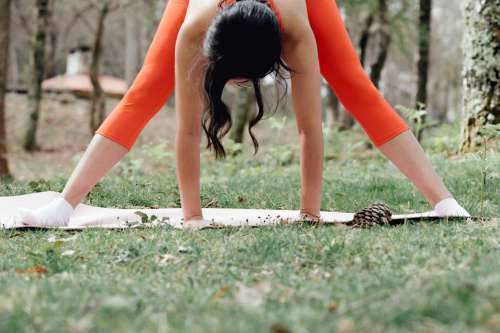 Woman Stretches Outdoors On A Pink Yoga Mat On Grass Photo