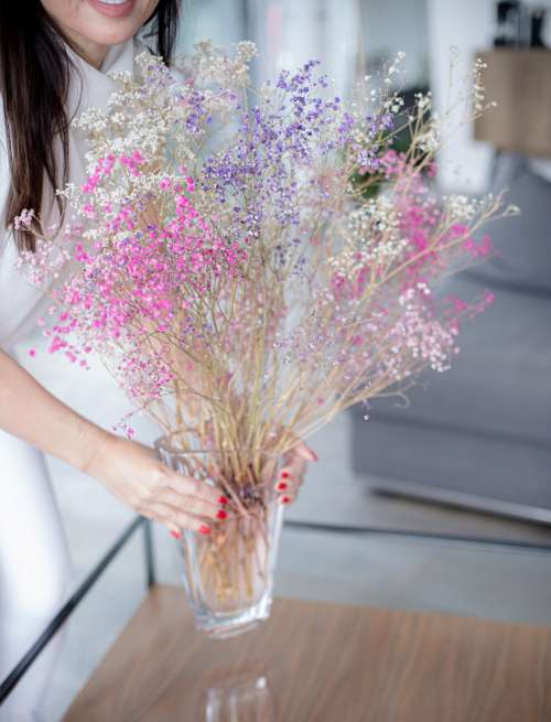 Vase Of Pink Purple And White Flower Arrangement Photo