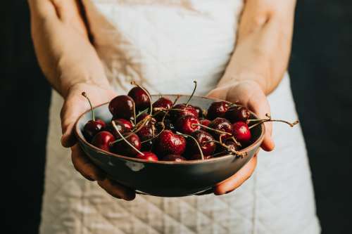 Person Holds A Bowl Of Cherries Out In Front Of Them Photo