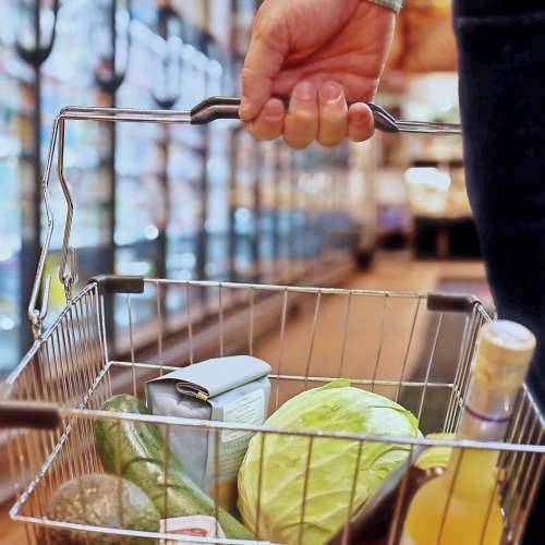 Hand Holds A Shopping Basket With Fresh Vegetables Photo
