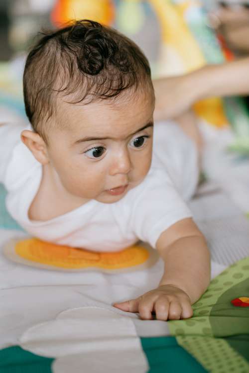 Young Baby Enjoys Tummy Time On A Colorful Blanket Photo