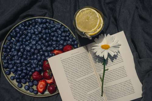 Plate Of Summer Fruit With Drink And An Open Book Photo