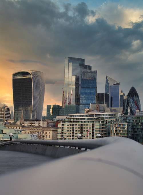 London Cityscape At Cloudy  Sunset With Glass Buildings Photo
