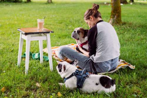Female having a coffee outdoors with dogs