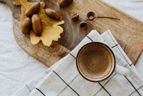 Autumn coffee - pumpkins - acorns - oak leaves