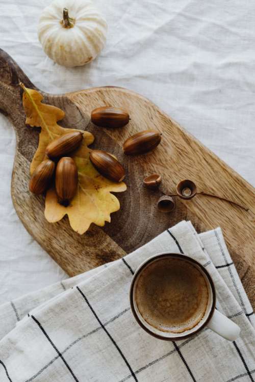 Autumn coffee - pumpkins - acorns - oak leaves