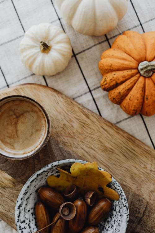 Autumn coffee - pumpkins - acorns - oak leaves