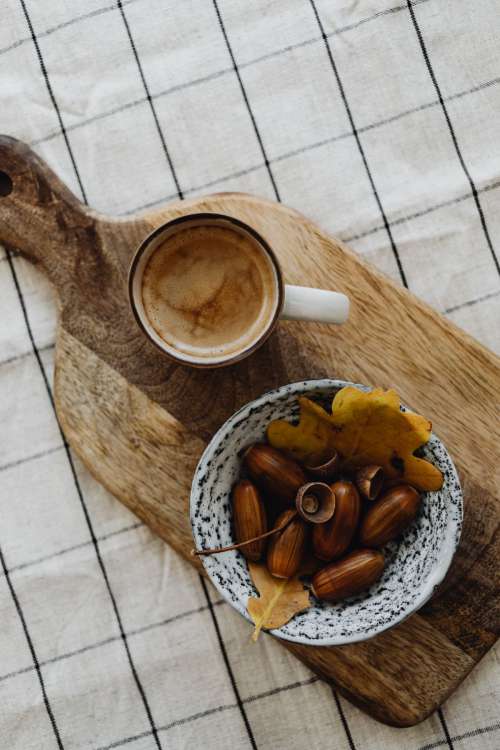 Autumn coffee - pumpkins - acorns - oak leaves