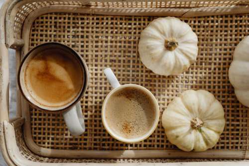 Autumn coffee - pumpkins - acorns - oak leaves