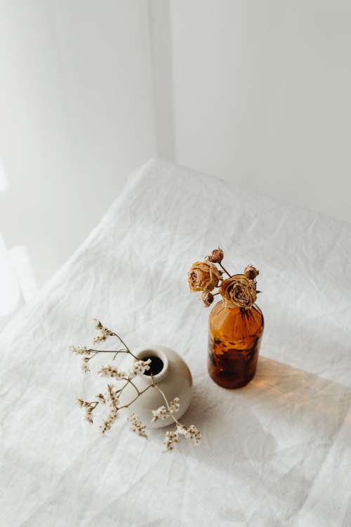 Dried flowers and small vases