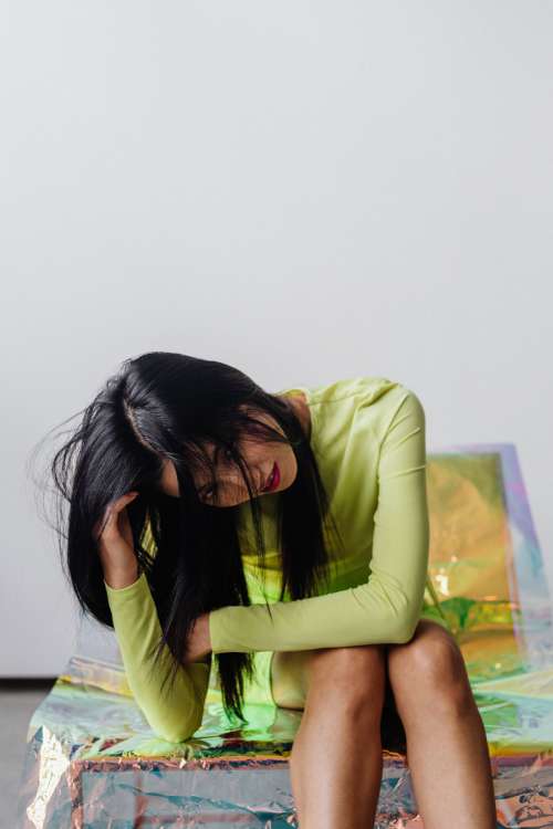 Futuristic photo shoot - beautiful Asian model - silver - neon colors - holographic