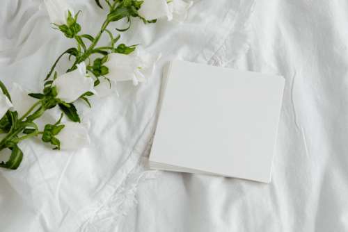 Mockup photo - white bedding - flowers - blank sheet - square