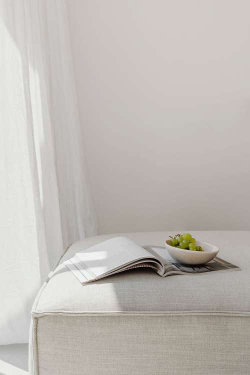 Magazine and grapes in a bowl on a linen couch