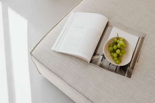 Magazine and grapes in a bowl on a linen couch