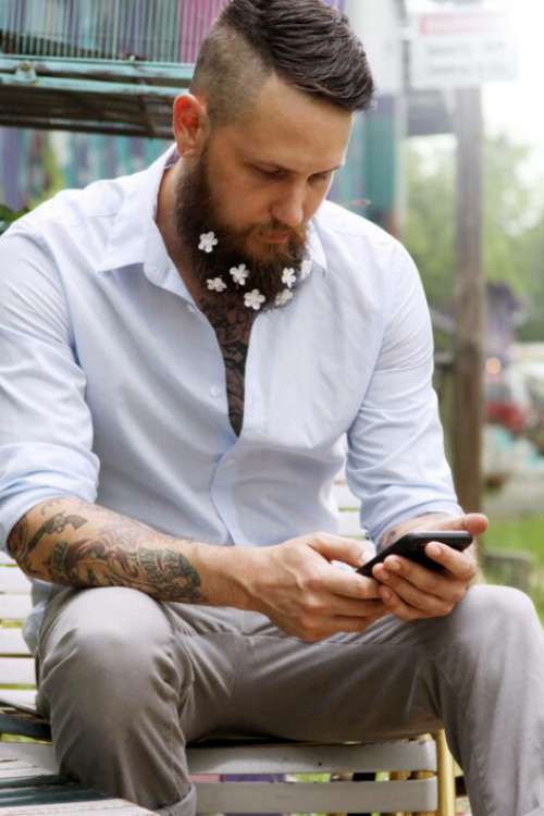 Beard Man Phone No Cost Stock Image