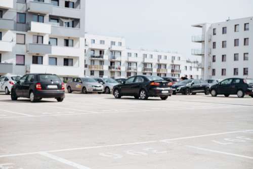 Cars parked in a modern residential area