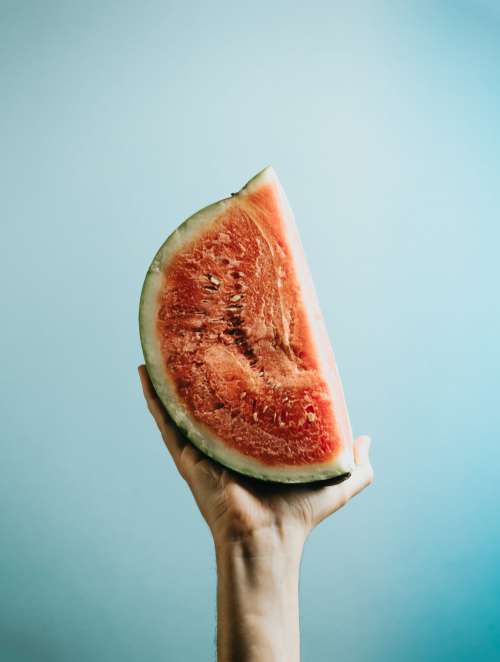 Watermelon Quarter In The Palm Against Blue Background Photo